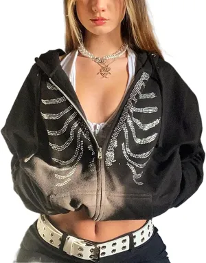 NUFIWI Womens Angel Print Oversized Hoodies Skull Skeleton Pattern Zip Up Jackets Y2K Autumn Winter Plus Size Sweatshirt