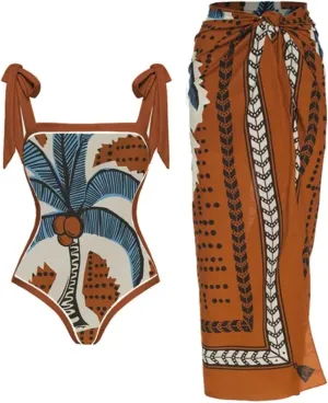 One Piece Bathing Suit for Women with Bikini Maxi Wrap Skirts 2 Piece Floral Print Swimsuit Tummy Control Tankini Set