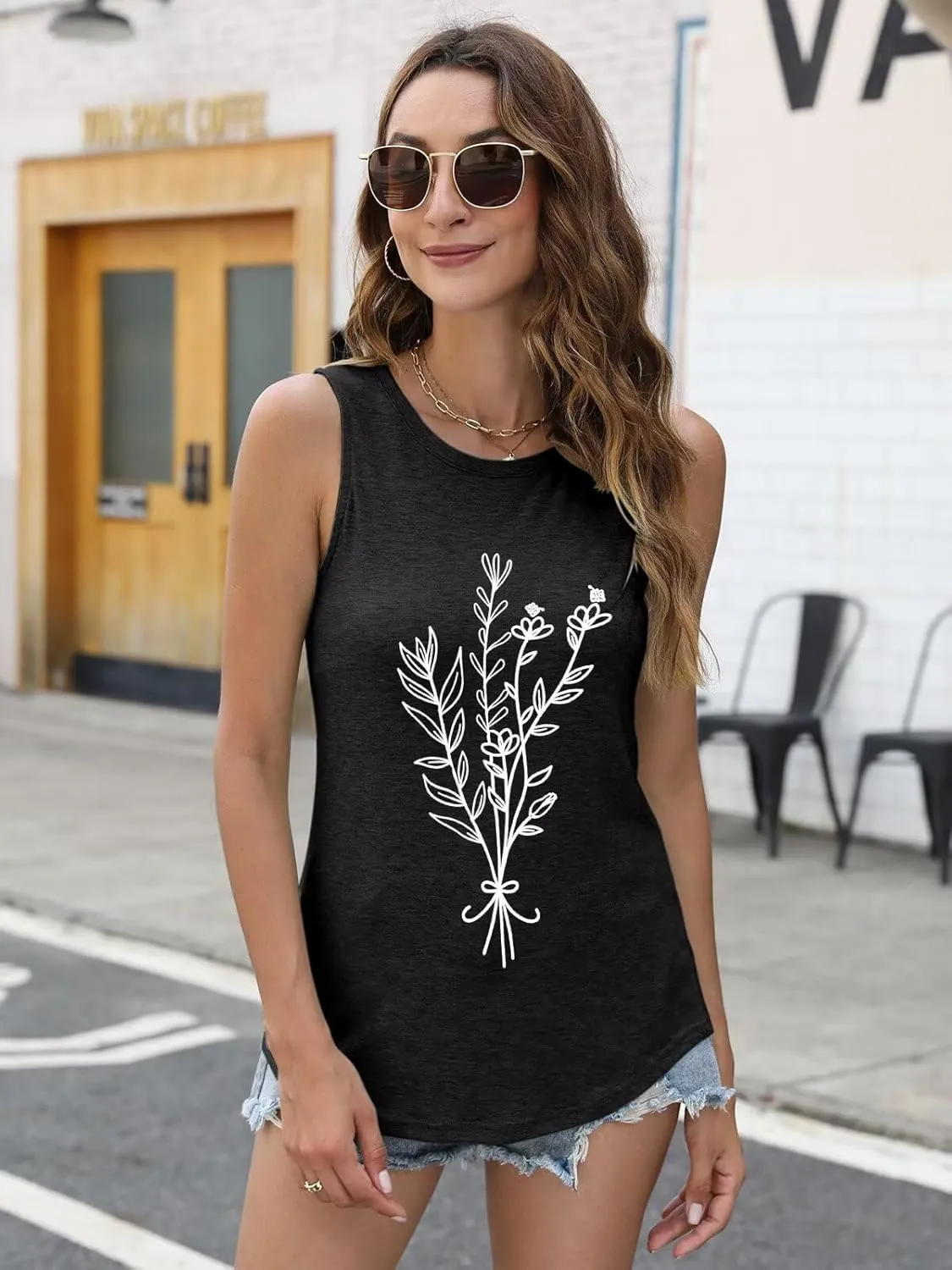 ORANDESIGNE Womens Flower Print Crewneck Tank Tops Graphic Curved Hem Sleeveless Tops Summer Casual Loose Fit Shirts