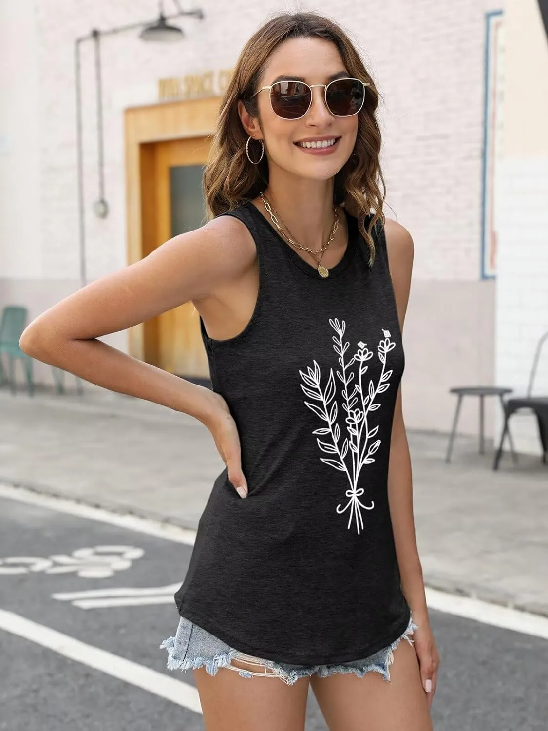 ORANDESIGNE Womens Flower Print Crewneck Tank Tops Graphic Curved Hem Sleeveless Tops Summer Casual Loose Fit Shirts