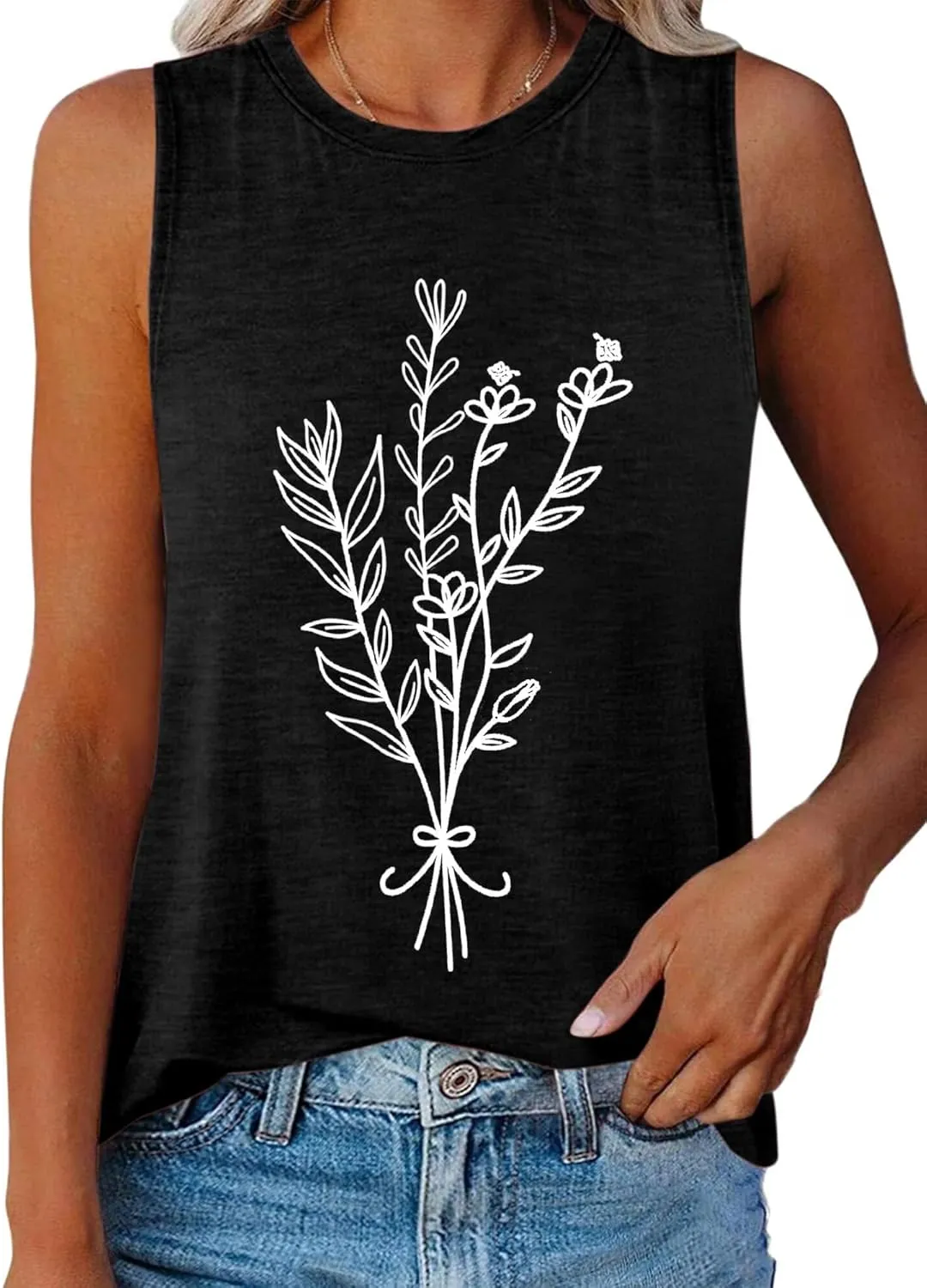 ORANDESIGNE Womens Flower Print Crewneck Tank Tops Graphic Curved Hem Sleeveless Tops Summer Casual Loose Fit Shirts