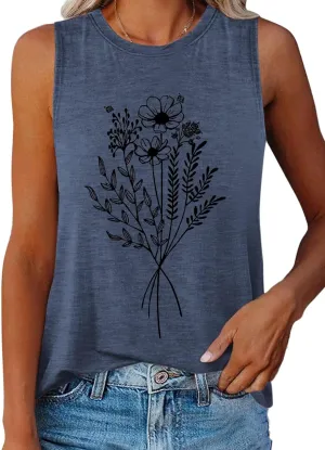 ORANDESIGNE Womens Flower Print Crewneck Tank Tops Graphic Curved Hem Sleeveless Tops Summer Casual Loose Fit Shirts