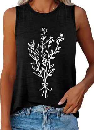 ORANDESIGNE Womens Flower Print Crewneck Tank Tops Graphic Curved Hem Sleeveless Tops Summer Casual Loose Fit Shirts