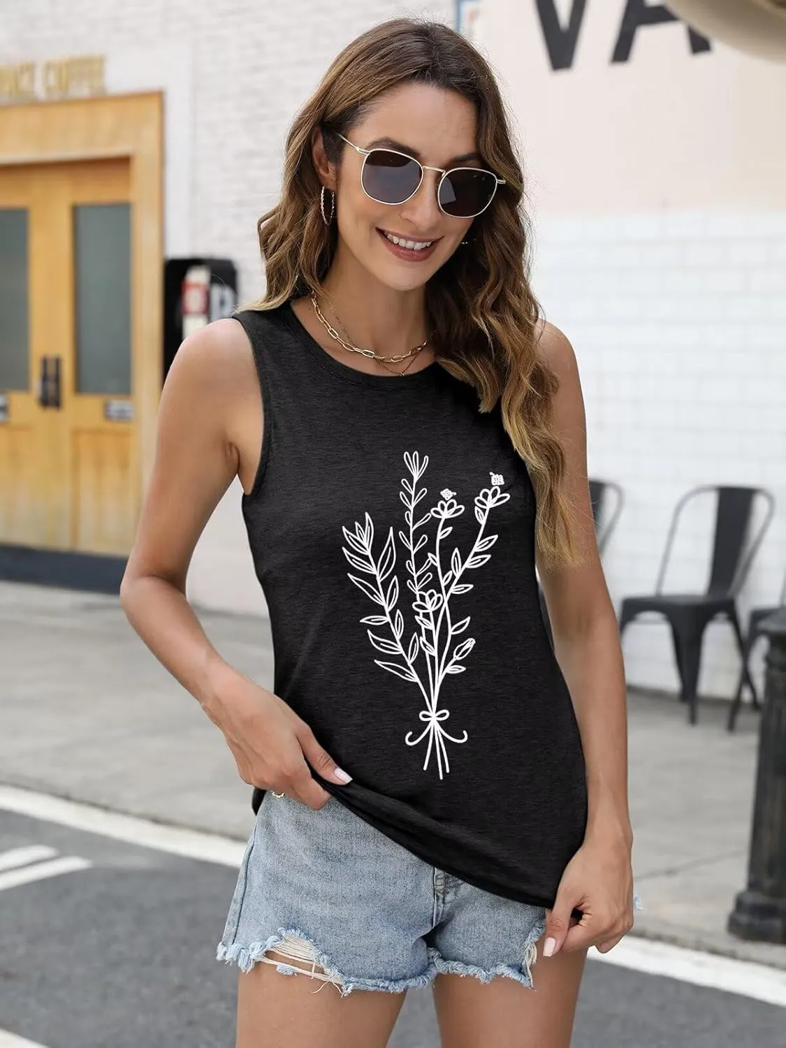 ORANDESIGNE Womens Flower Print Crewneck Tank Tops Graphic Curved Hem Sleeveless Tops Summer Casual Loose Fit Shirts