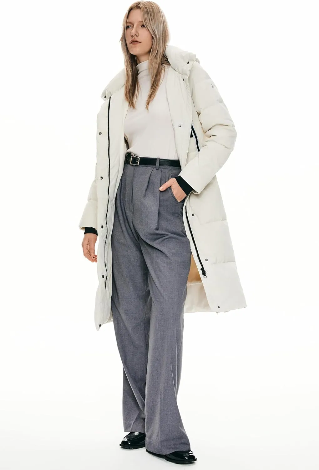 Orolay Women's Thickened Long Down Jacket Winter Down Coat Hooded Puffer Jacket with Side Zipper