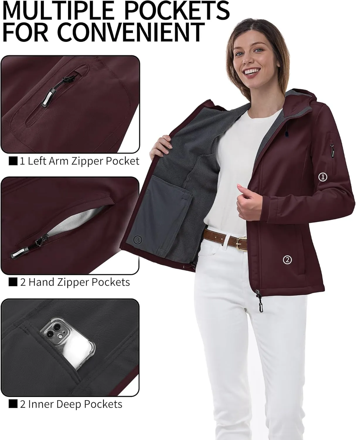 Outdoor Ventures Women's Softshell Jacket with Hood Fleece Lined Warm Lightweight Waterproof Insulated Windbreaker