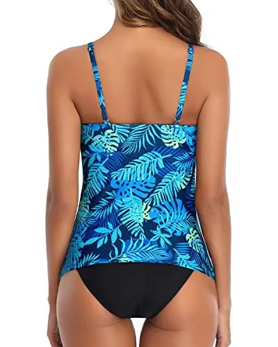 Padded High Neck Ruched Tankini Swimsuit For Women-Blue Leaves