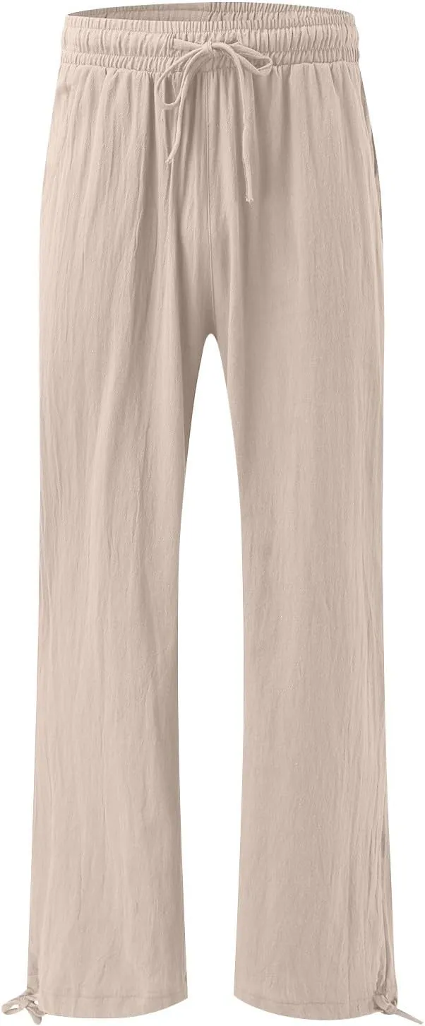 Pants for Women Cotton Linen Casual Summer 2025 Straight Leg Loose Drawstring Elastic Waist Cropped Trouser Plus Size