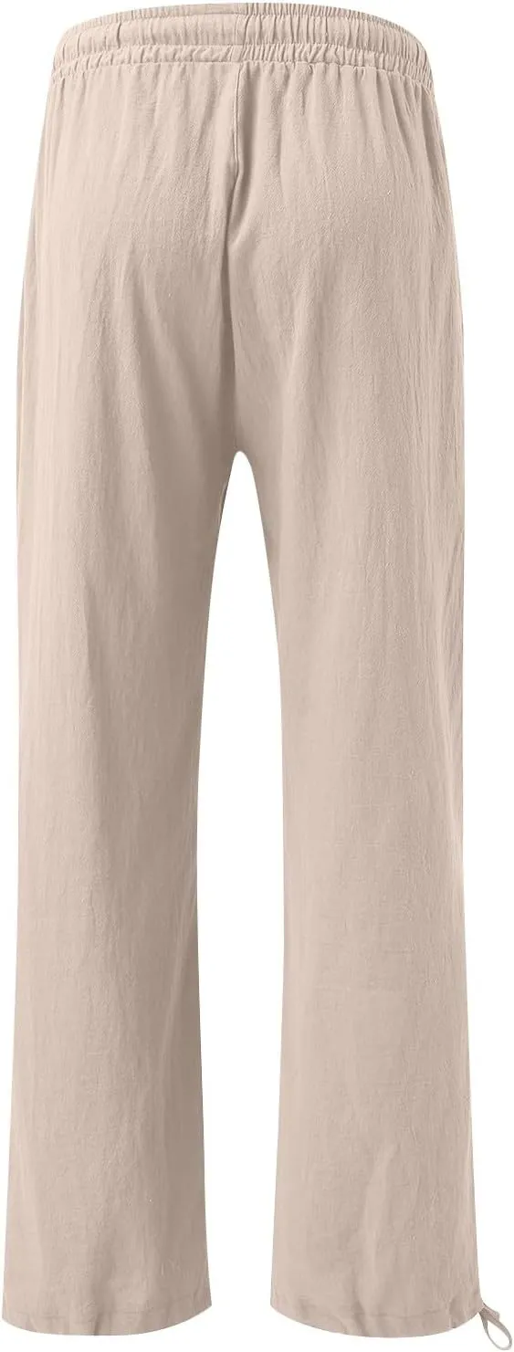 Pants for Women Cotton Linen Casual Summer 2025 Straight Leg Loose Drawstring Elastic Waist Cropped Trouser Plus Size