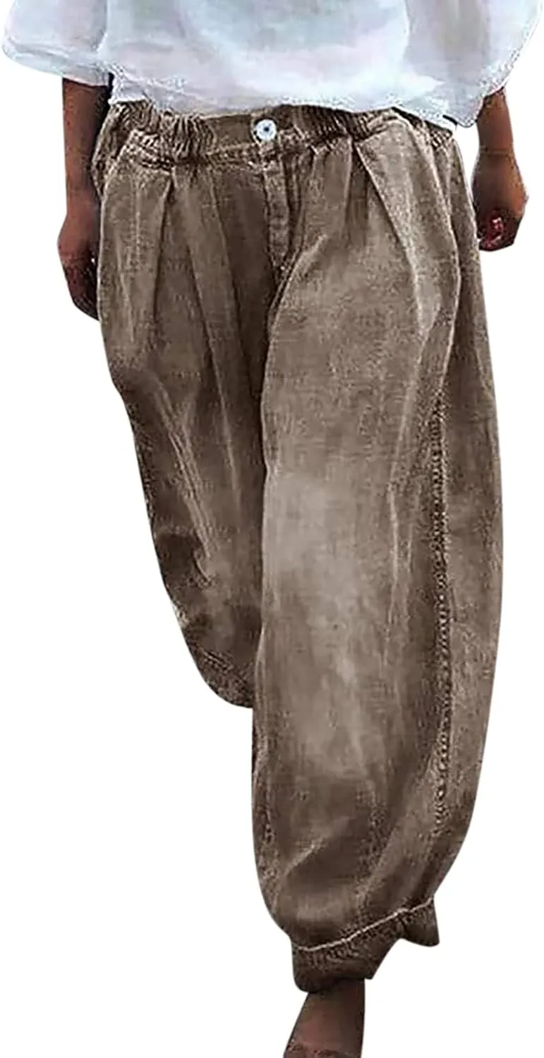 Pants for Women Women's Wide Leg Baggy Jeans Plus Size Loose Elastic Waist Denim Pants with Deep Pockets