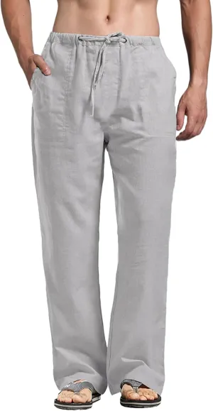 perdontoo Mens Casual Cotton Linen Pants Elastic Waist Drawstring Straight Summer Beach Pants