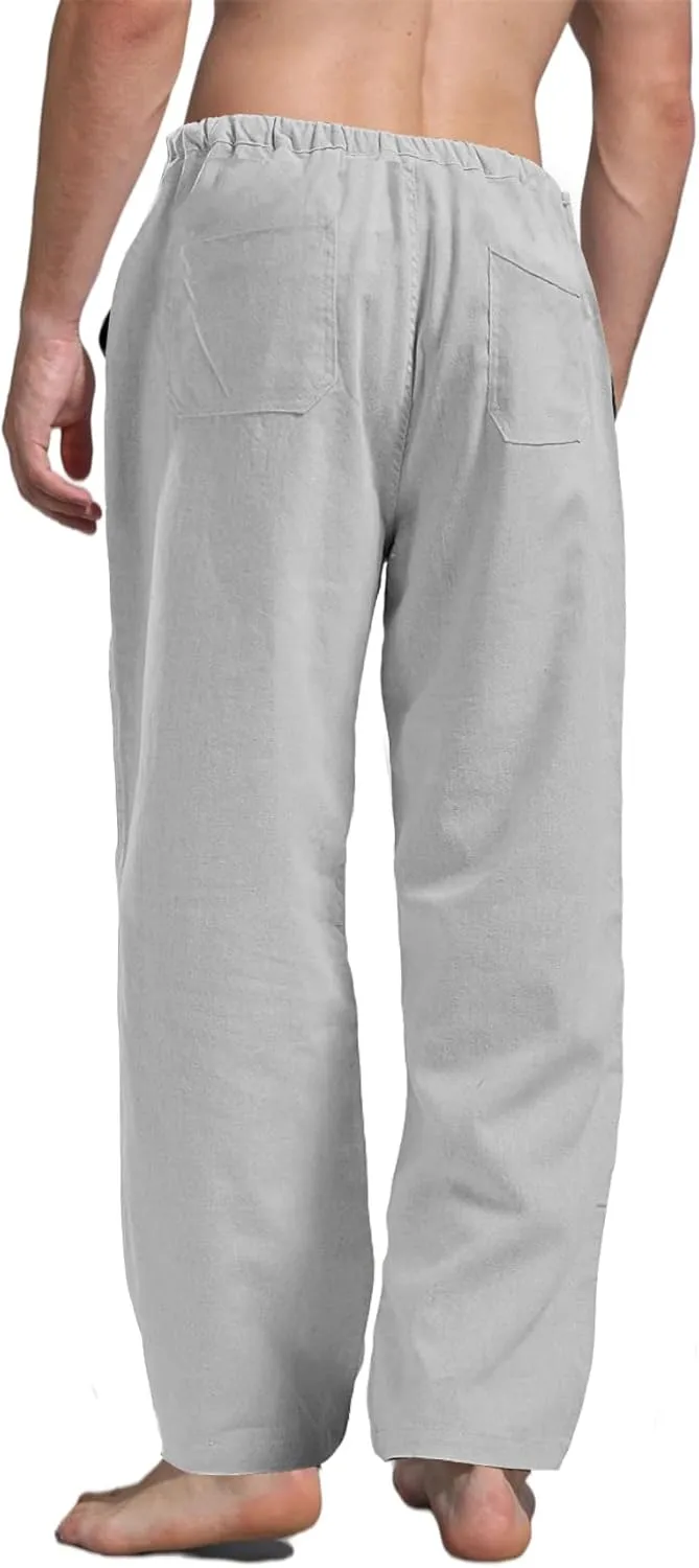 perdontoo Mens Casual Cotton Linen Pants Elastic Waist Drawstring Straight Summer Beach Pants