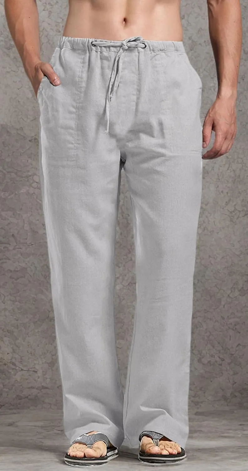 perdontoo Mens Casual Cotton Linen Pants Elastic Waist Drawstring Straight Summer Beach Pants