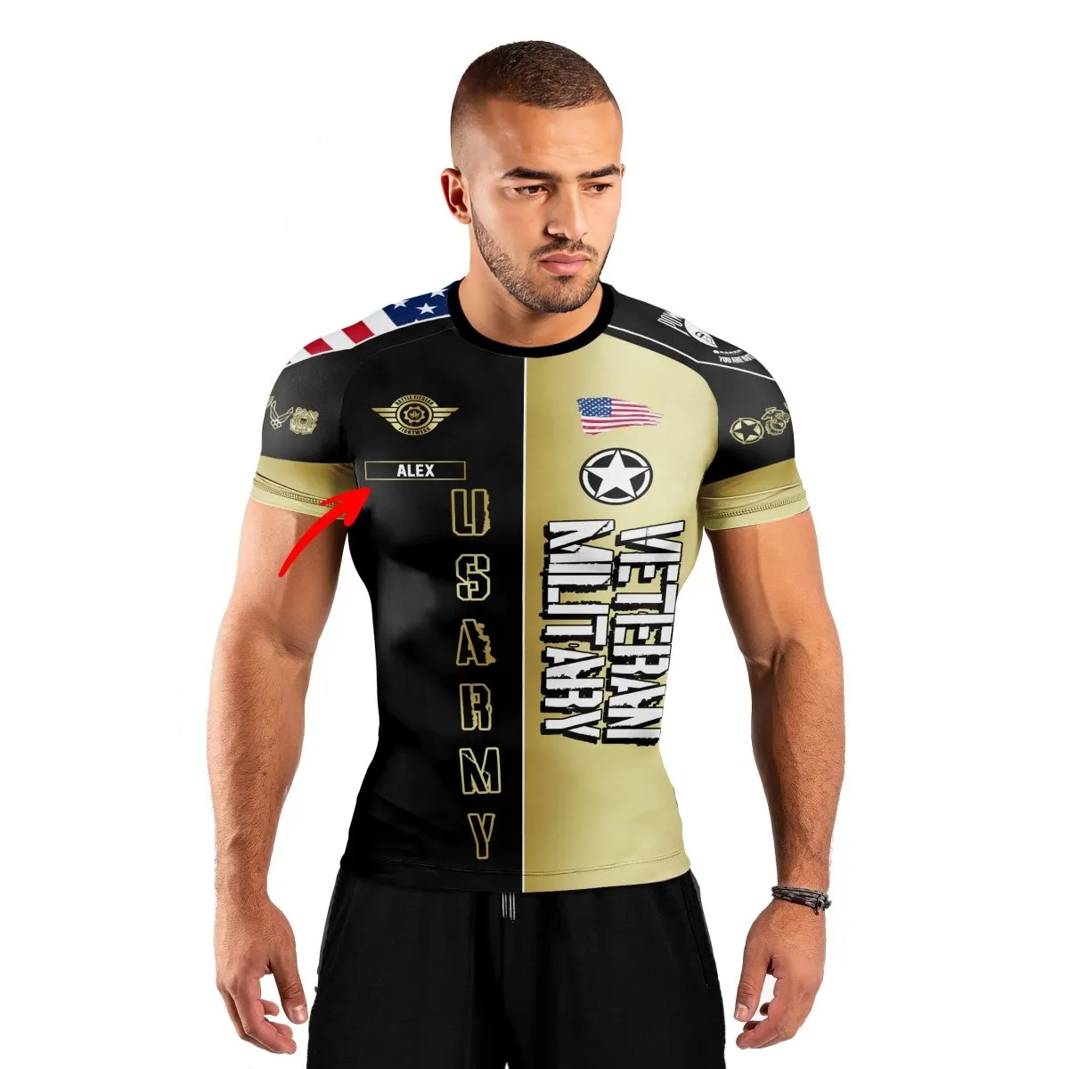 Personalized Veteran Army Football Men's Short Sleeve Rash Guard