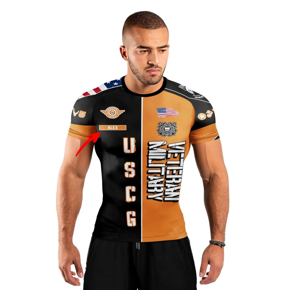 Personalized Veteran USCG Football Men's Short Sleeve Rash Guard