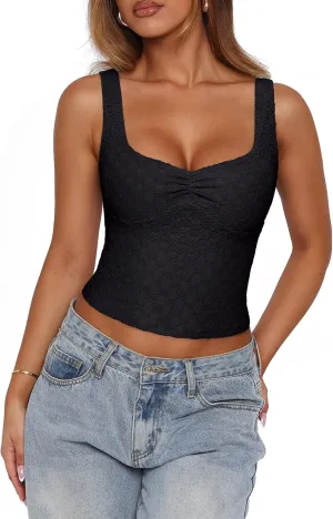PINKMSTYLE Women Sexy Square Neck Tank Tops Slim Sleeveless Double Lined Going Out Fashion Lace Backless Y2K Tops