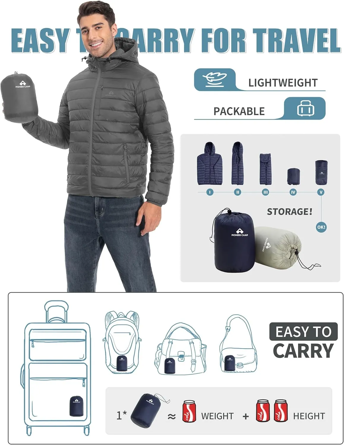 Pioneer Camp Men's Lightweight Packable Puffer Jacket with Hood Warm Puffy Winter Jacket Coat Insulated for Ski Hiking Travel