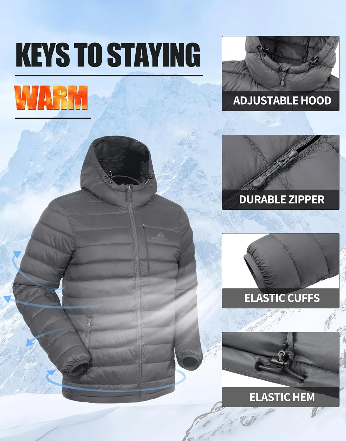 Pioneer Camp Men's Lightweight Packable Puffer Jacket with Hood Warm Puffy Winter Jacket Coat Insulated for Ski Hiking Travel