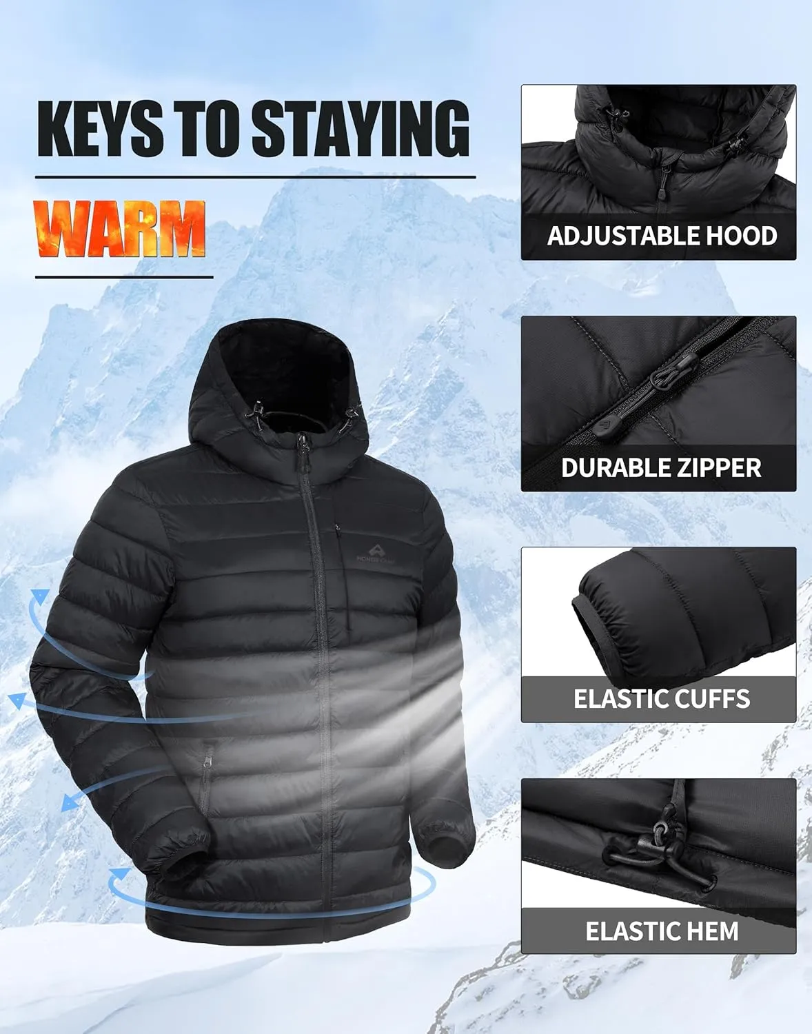 Pioneer Camp Men's Lightweight Packable Puffer Jacket with Hood Warm Puffy Winter Jacket Coat Insulated for Ski Hiking Travel