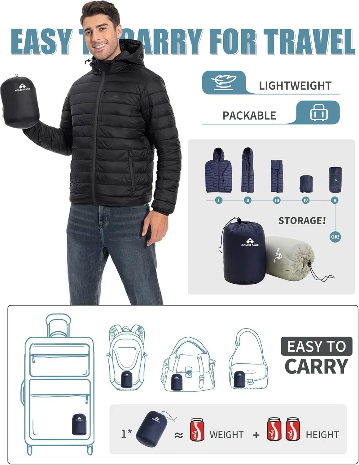 Pioneer Camp Men's Lightweight Packable Puffer Jacket with Hood Warm Puffy Winter Jacket Coat Insulated for Ski Hiking Travel