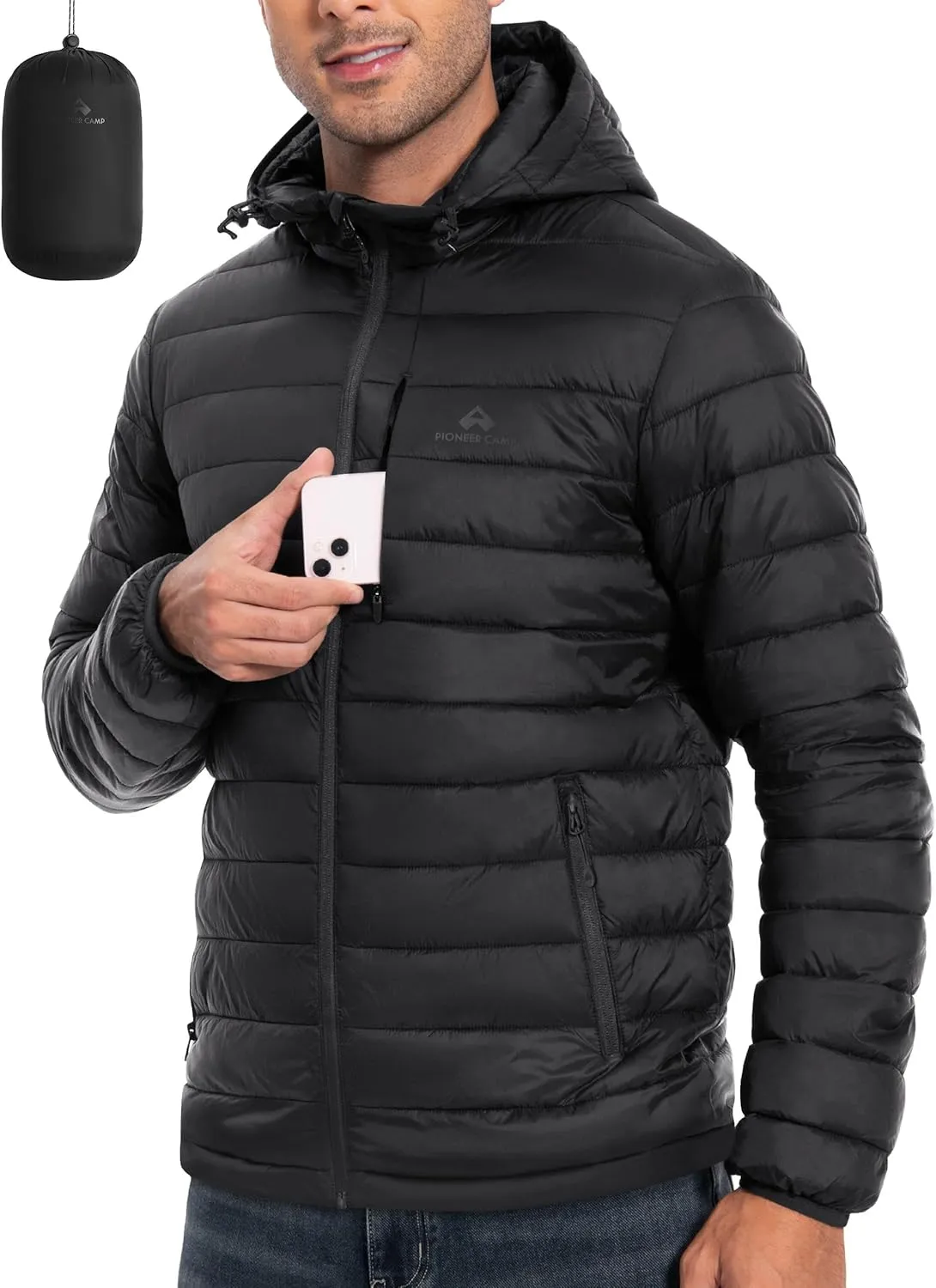 Pioneer Camp Men's Lightweight Packable Puffer Jacket with Hood Warm Puffy Winter Jacket Coat Insulated for Ski Hiking Travel