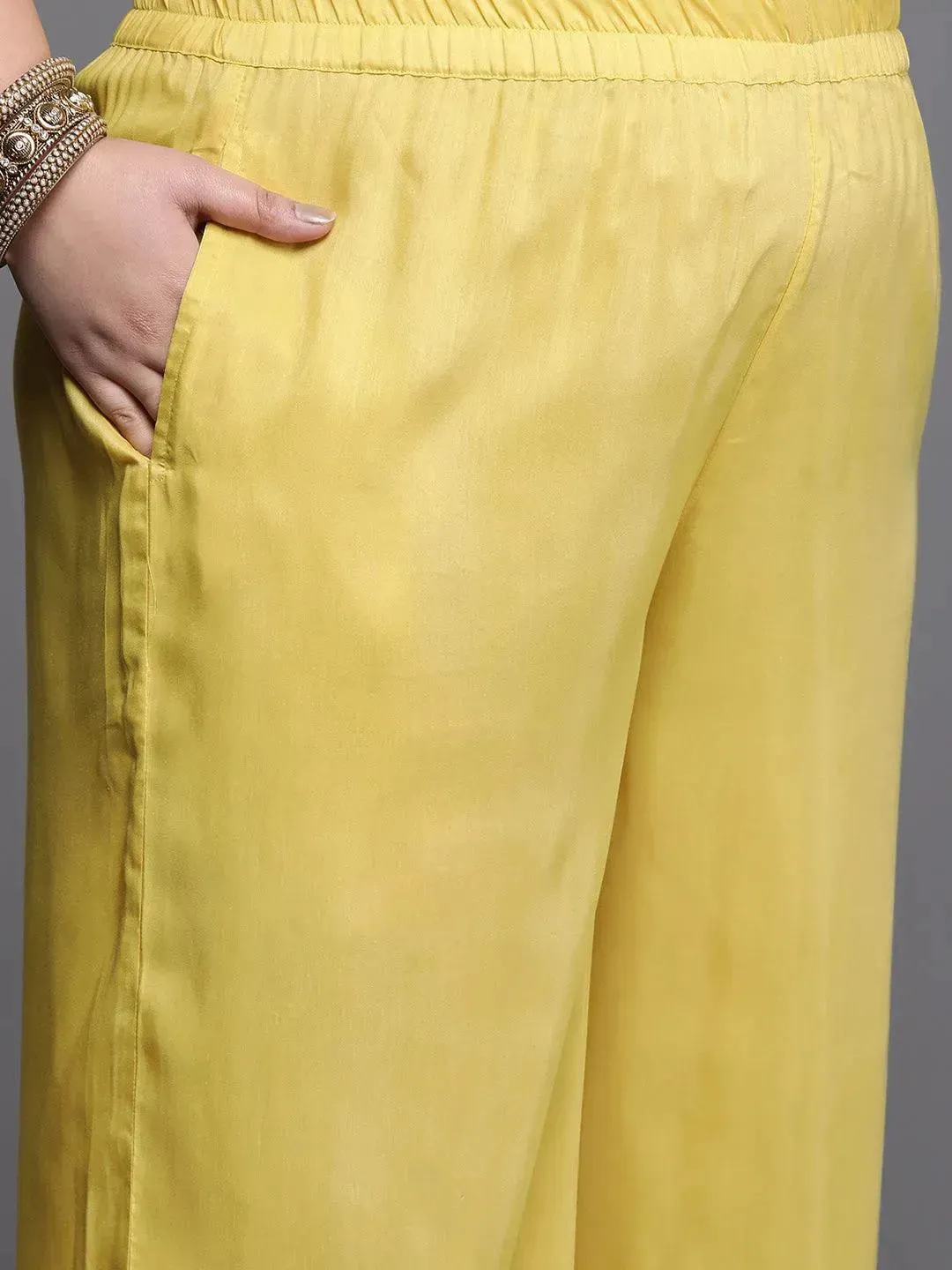 Plus Size Yellow Woven Design Silk Blend Straight Kurta With Palazzos & Dupatta