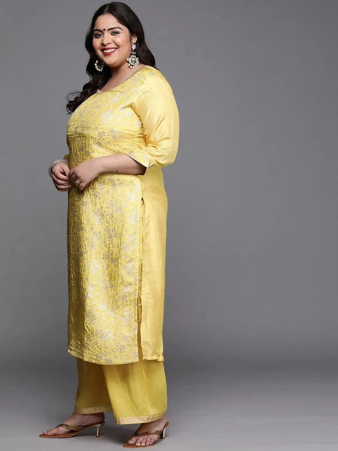 Plus Size Yellow Woven Design Silk Blend Straight Kurta With Palazzos & Dupatta