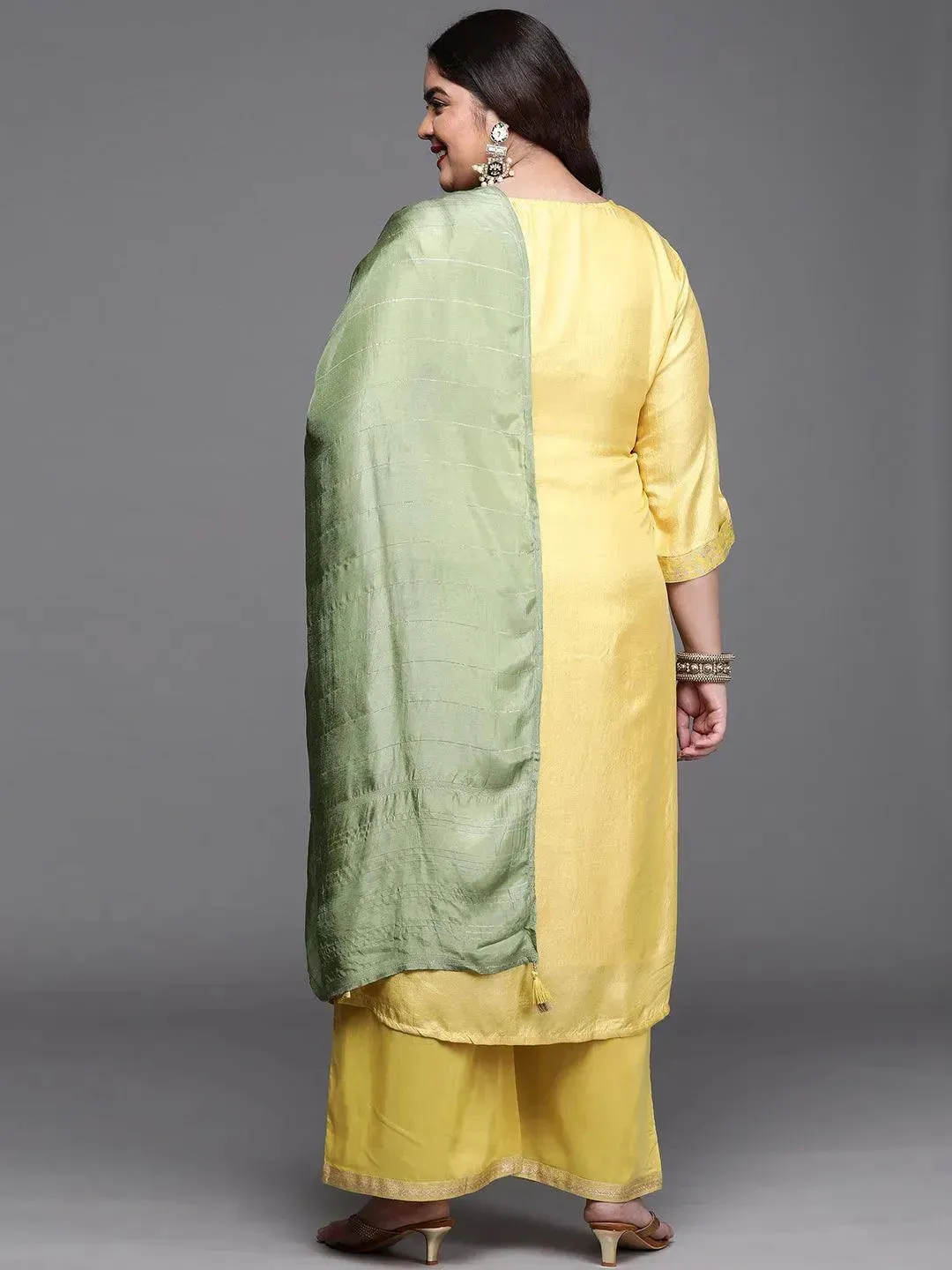 Plus Size Yellow Woven Design Silk Blend Straight Kurta With Palazzos & Dupatta