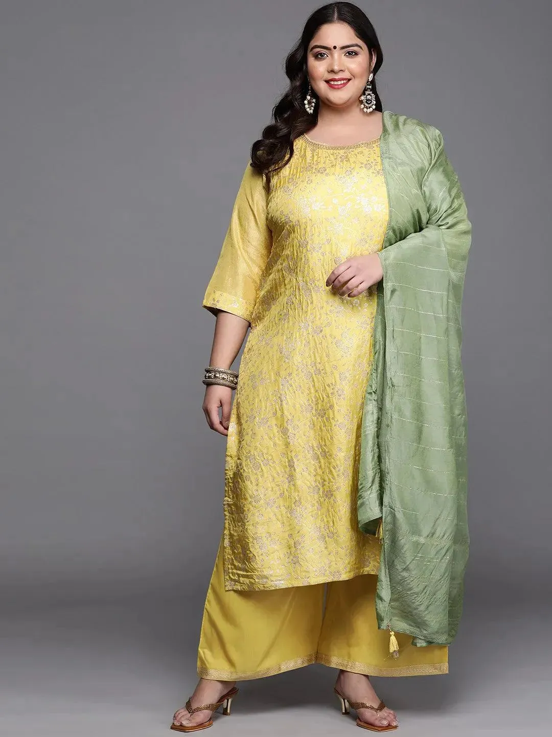 Plus Size Yellow Woven Design Silk Blend Straight Kurta With Palazzos & Dupatta