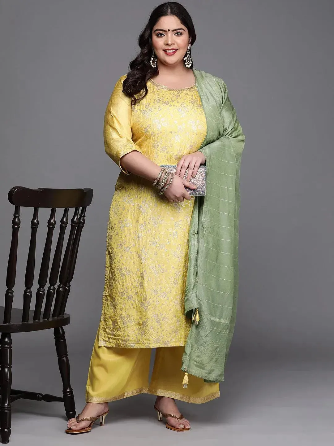 Plus Size Yellow Woven Design Silk Blend Straight Kurta With Palazzos & Dupatta