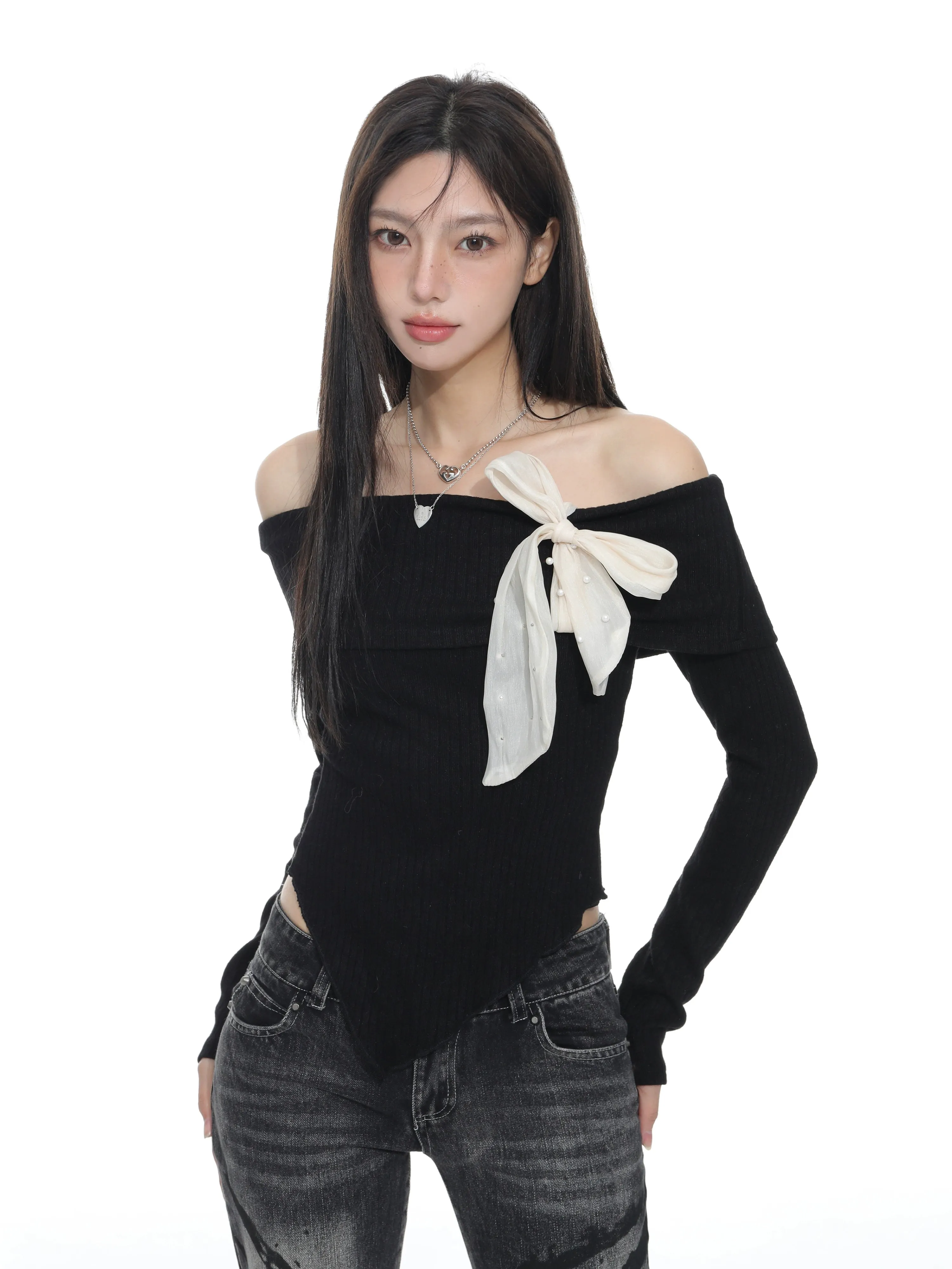 Pointed Hem Off-Shoulder Ribbed Top with Bow Detail