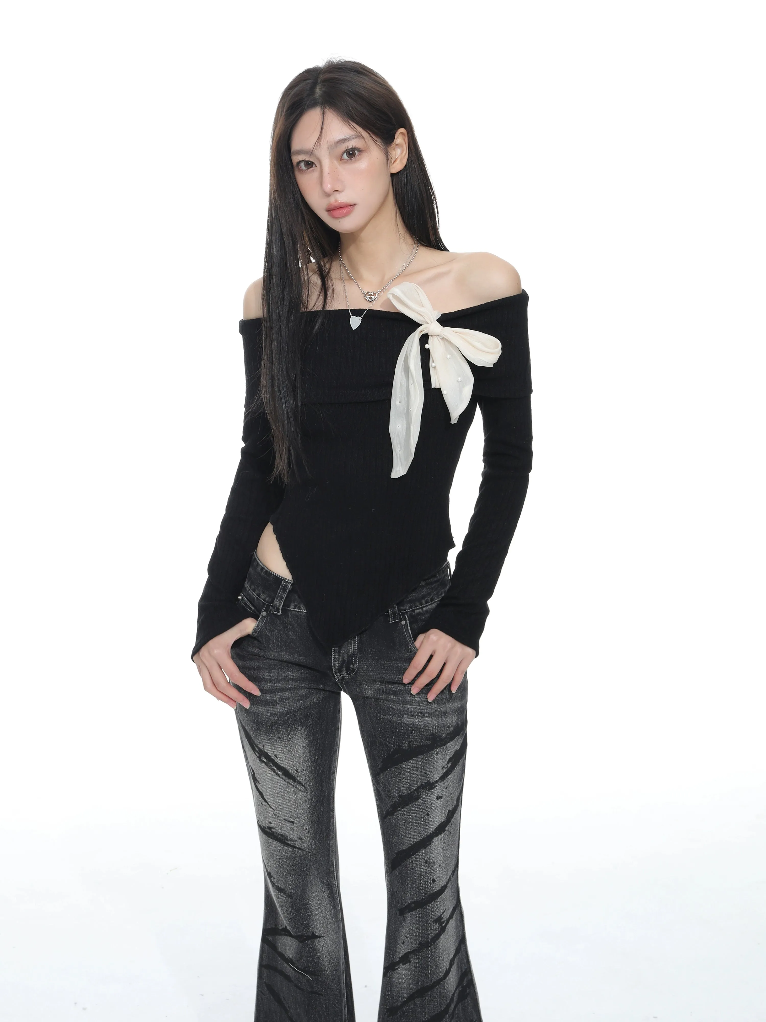 Pointed Hem Off-Shoulder Ribbed Top with Bow Detail