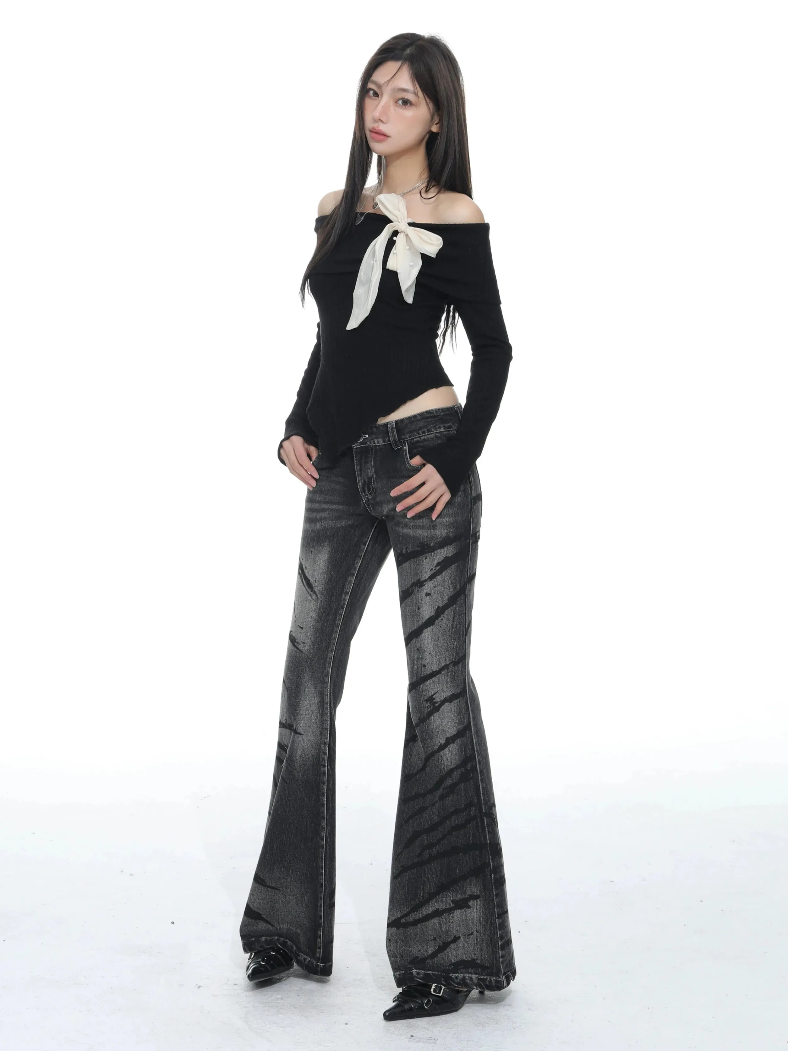 Pointed Hem Off-Shoulder Ribbed Top with Bow Detail