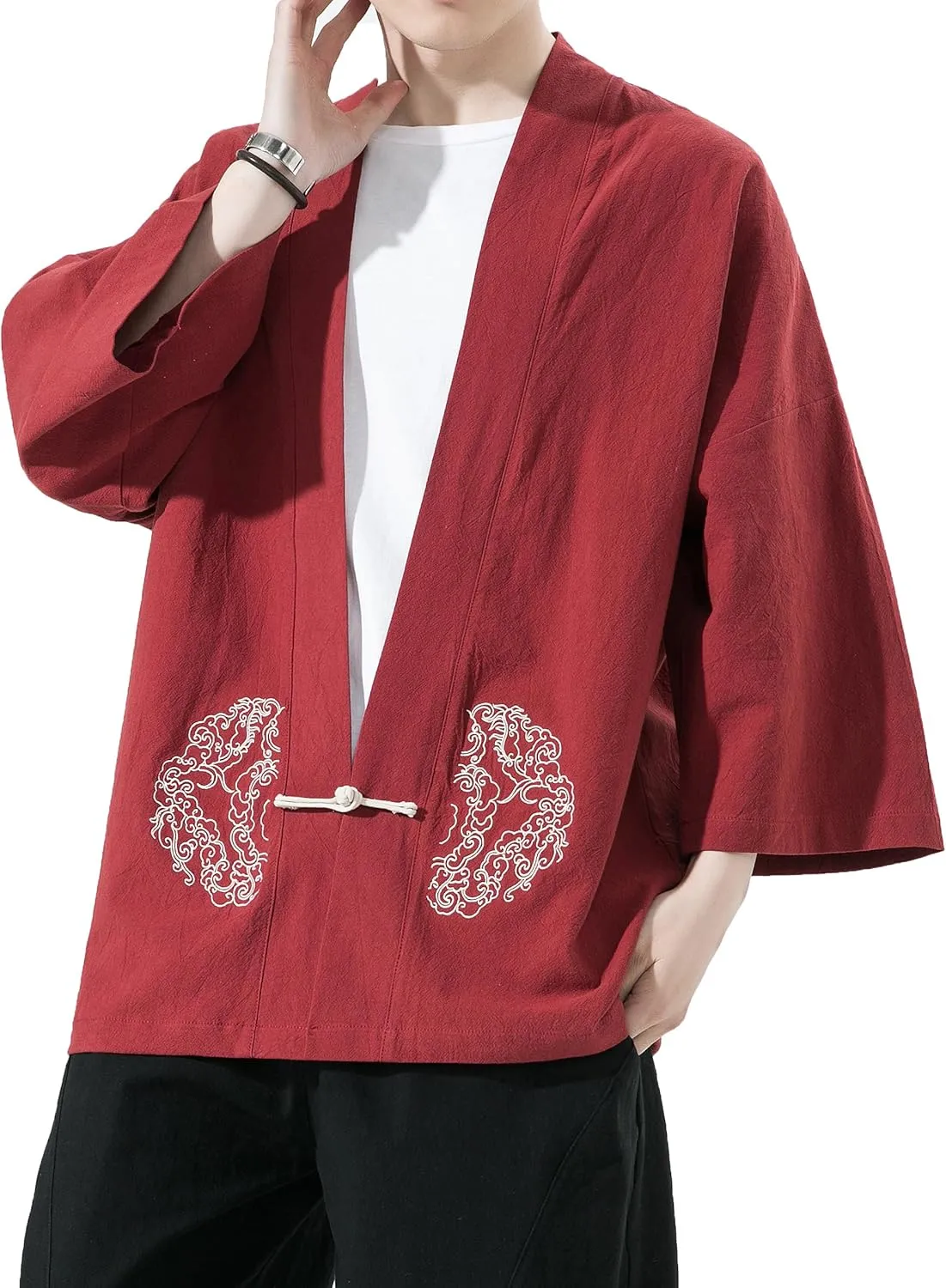PRIJOUHE Men's Kimono Jackets Cardigan Casual Cotton Blends Linen Seven Sleeve Open Front Embroidery Coat