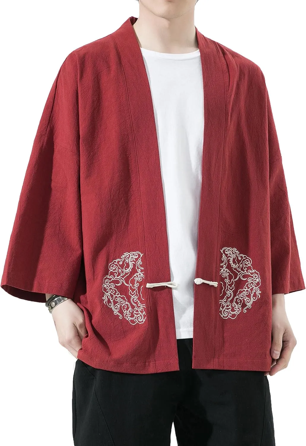 PRIJOUHE Men's Kimono Jackets Cardigan Casual Cotton Blends Linen Seven Sleeve Open Front Embroidery Coat