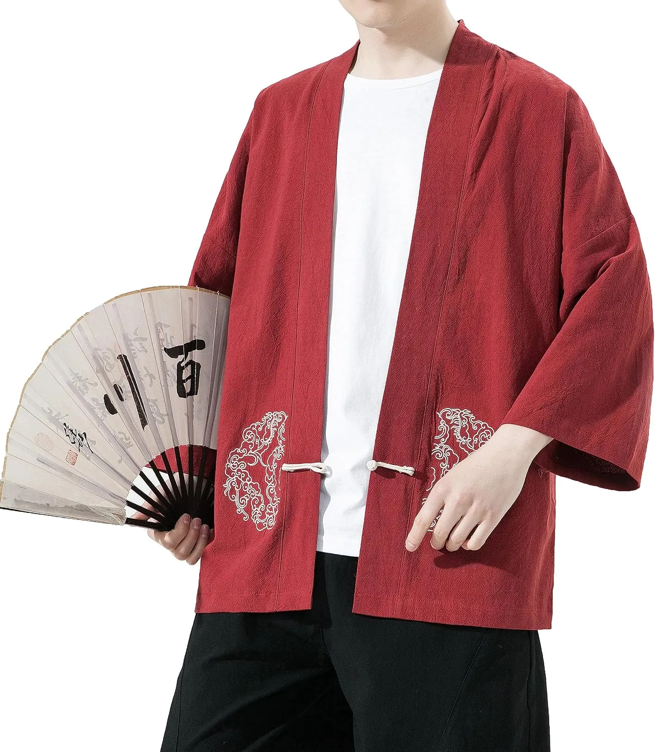 PRIJOUHE Men's Kimono Jackets Cardigan Casual Cotton Blends Linen Seven Sleeve Open Front Embroidery Coat