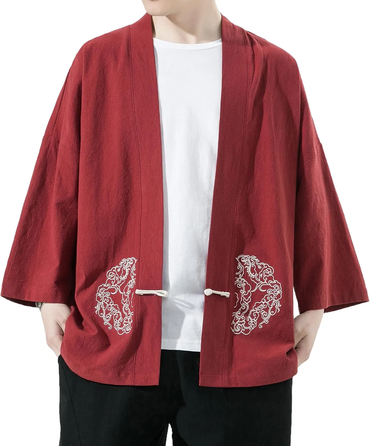 PRIJOUHE Men's Kimono Jackets Cardigan Casual Cotton Blends Linen Seven Sleeve Open Front Embroidery Coat
