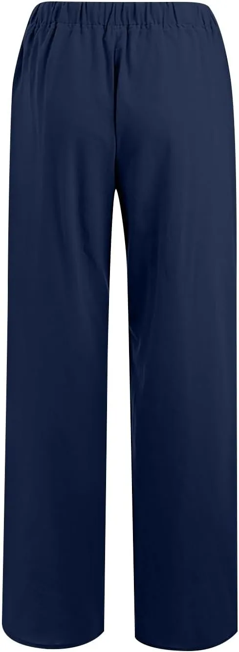 PTOLOCIF Cotton Linen Pants for Women Drawstring Back Elastic Waist Pants High Waist Casual Lounge Trousers with Pockets