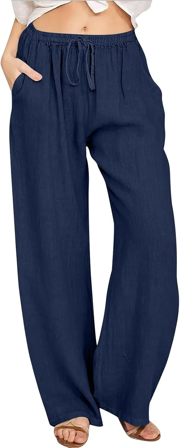 PTOLOCIF Cotton Linen Pants for Women Drawstring Back Elastic Waist Pants High Waist Casual Lounge Trousers with Pockets