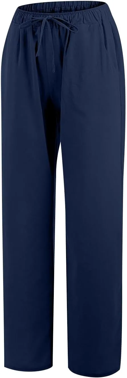 PTOLOCIF Cotton Linen Pants for Women Drawstring Back Elastic Waist Pants High Waist Casual Lounge Trousers with Pockets
