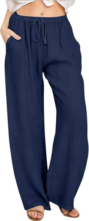 PTOLOCIF Cotton Linen Pants for Women Drawstring Back Elastic Waist Pants High Waist Casual Lounge Trousers with Pockets