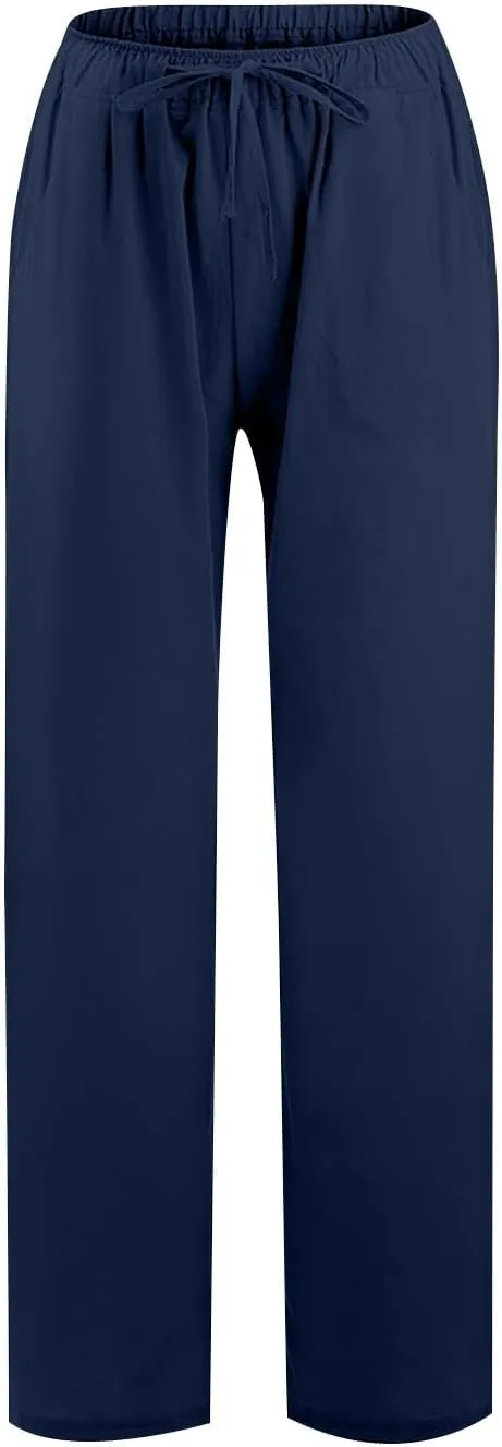 PTOLOCIF Cotton Linen Pants for Women Drawstring Back Elastic Waist Pants High Waist Casual Lounge Trousers with Pockets