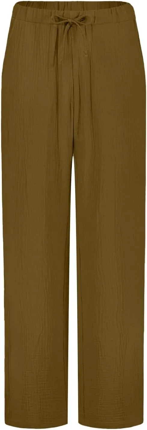 PTOLOCIF Cotton Linen Pants for Women Elastic Waist Wide Leg Palazzo Pants Summer Drawstring Casual Loose Yoga Trousers