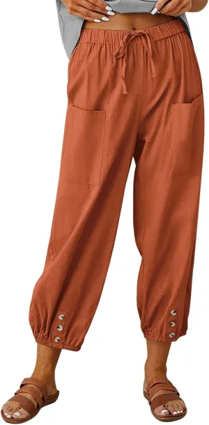PTOLOCIF Cotton Pants for Women Lightweight Cropped Wide Leg Pants Elastic Waist Casual Palazzo Trousers with Pockets