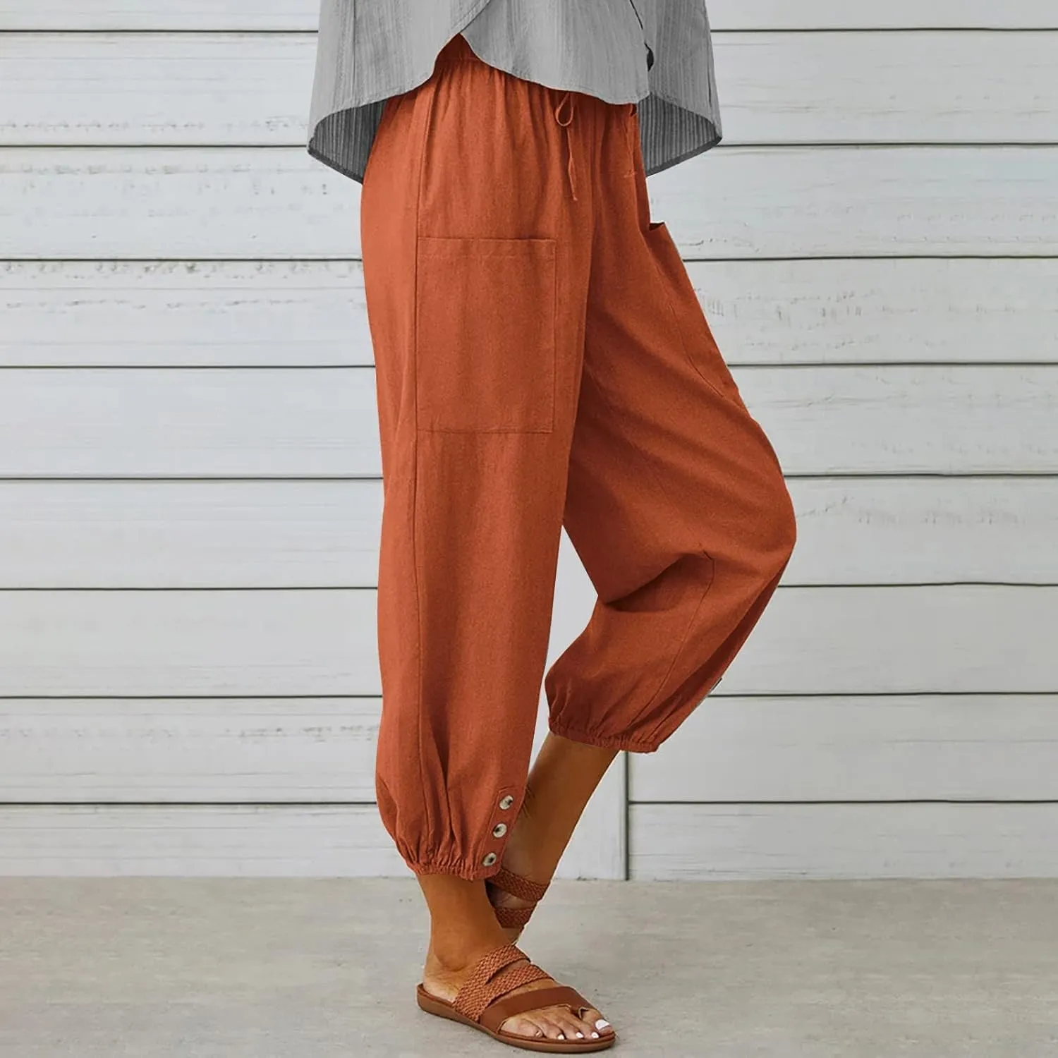 PTOLOCIF Cotton Pants for Women Lightweight Cropped Wide Leg Pants Elastic Waist Casual Palazzo Trousers with Pockets
