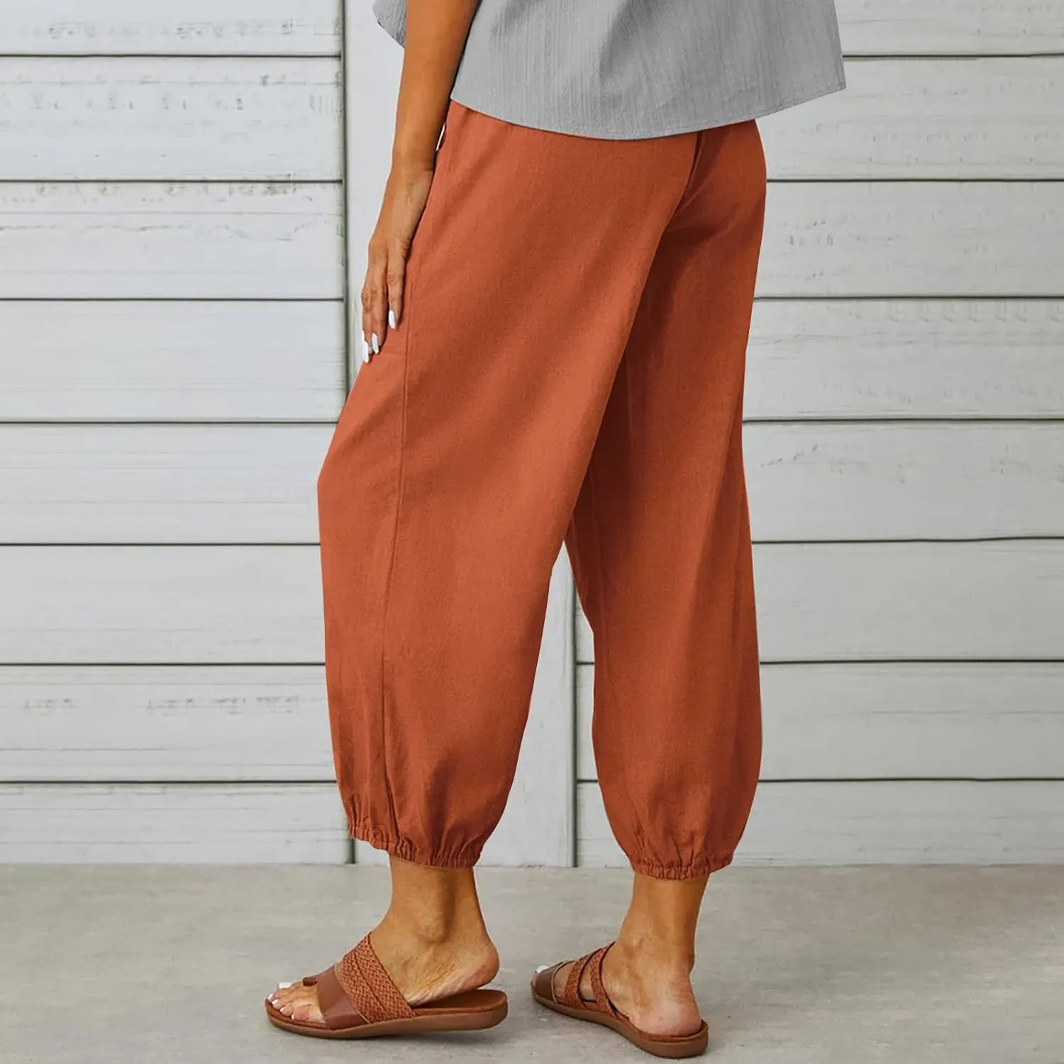 PTOLOCIF Cotton Pants for Women Lightweight Cropped Wide Leg Pants Elastic Waist Casual Palazzo Trousers with Pockets