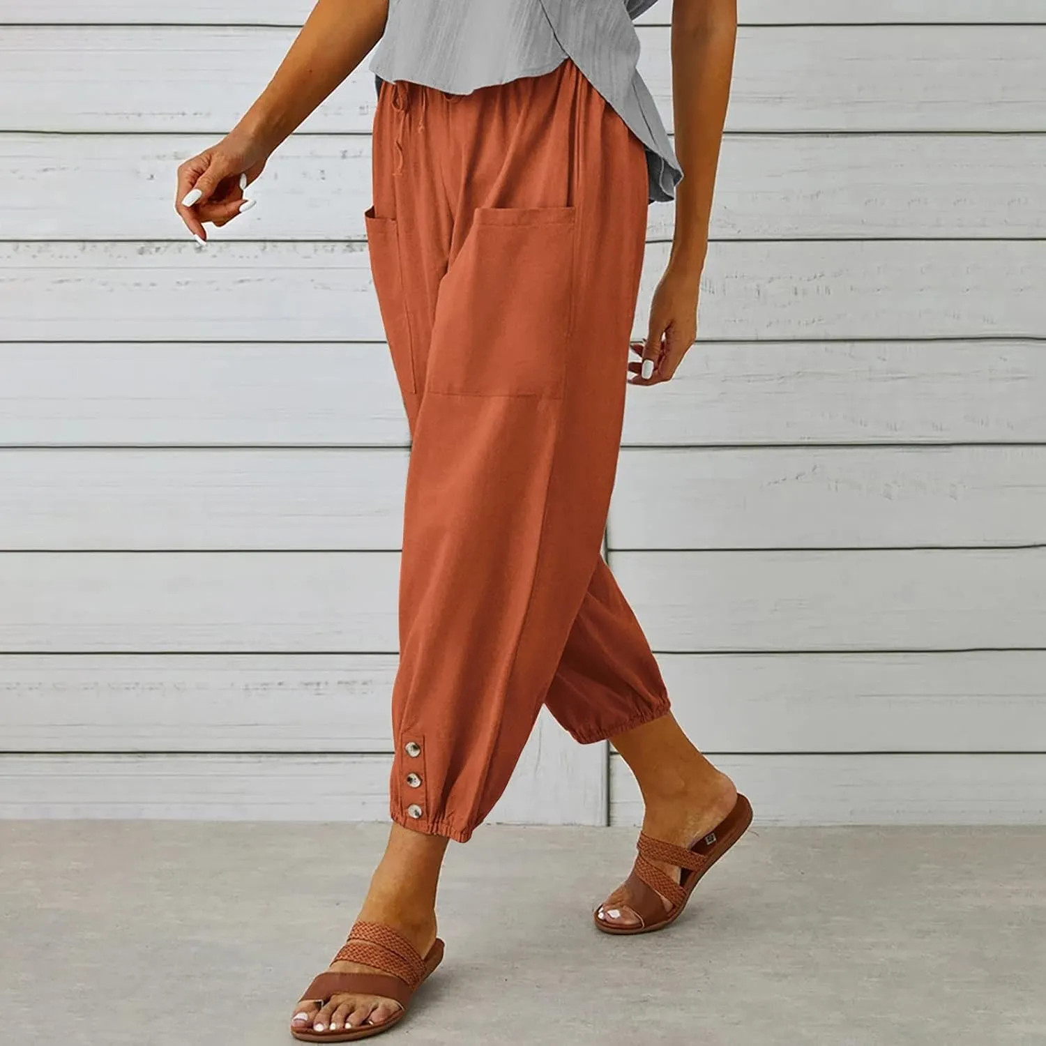 PTOLOCIF Cotton Pants for Women Lightweight Cropped Wide Leg Pants Elastic Waist Casual Palazzo Trousers with Pockets
