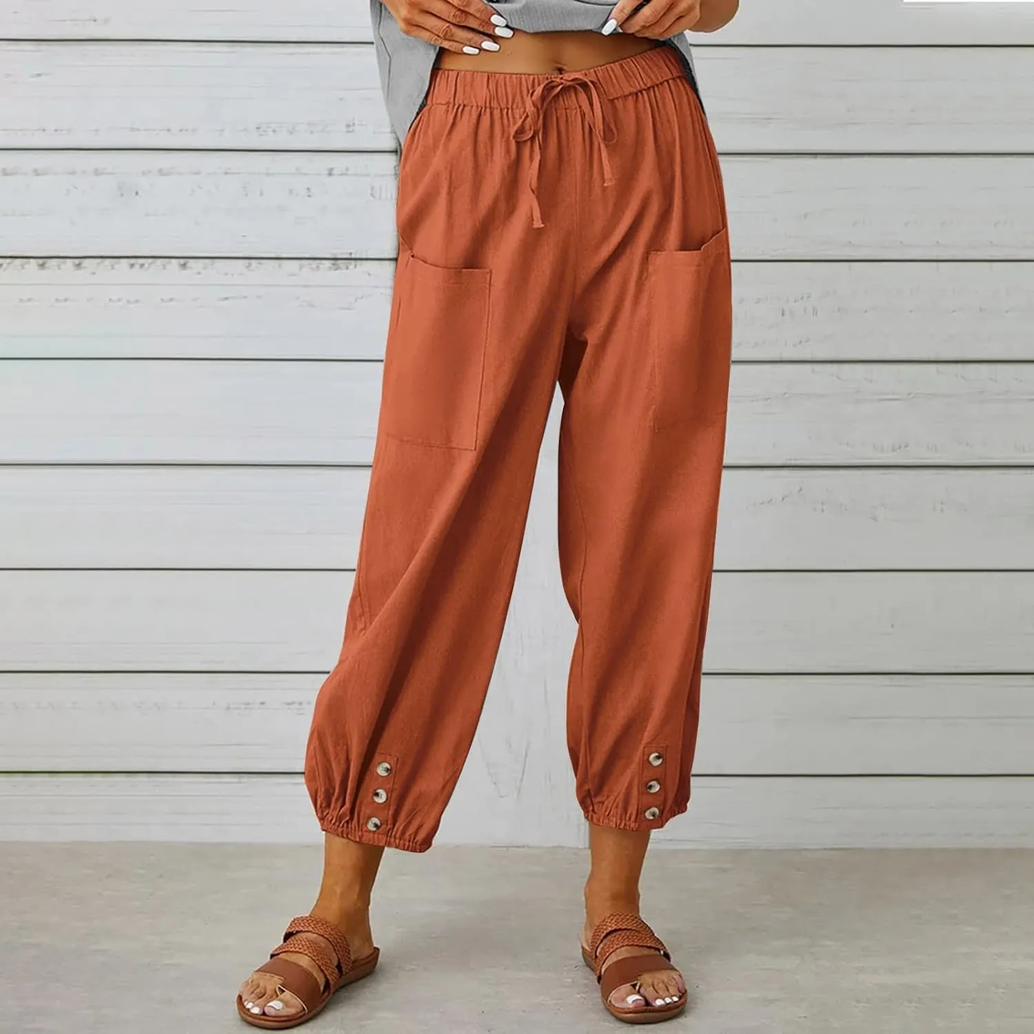 PTOLOCIF Cotton Pants for Women Lightweight Cropped Wide Leg Pants Elastic Waist Casual Palazzo Trousers with Pockets