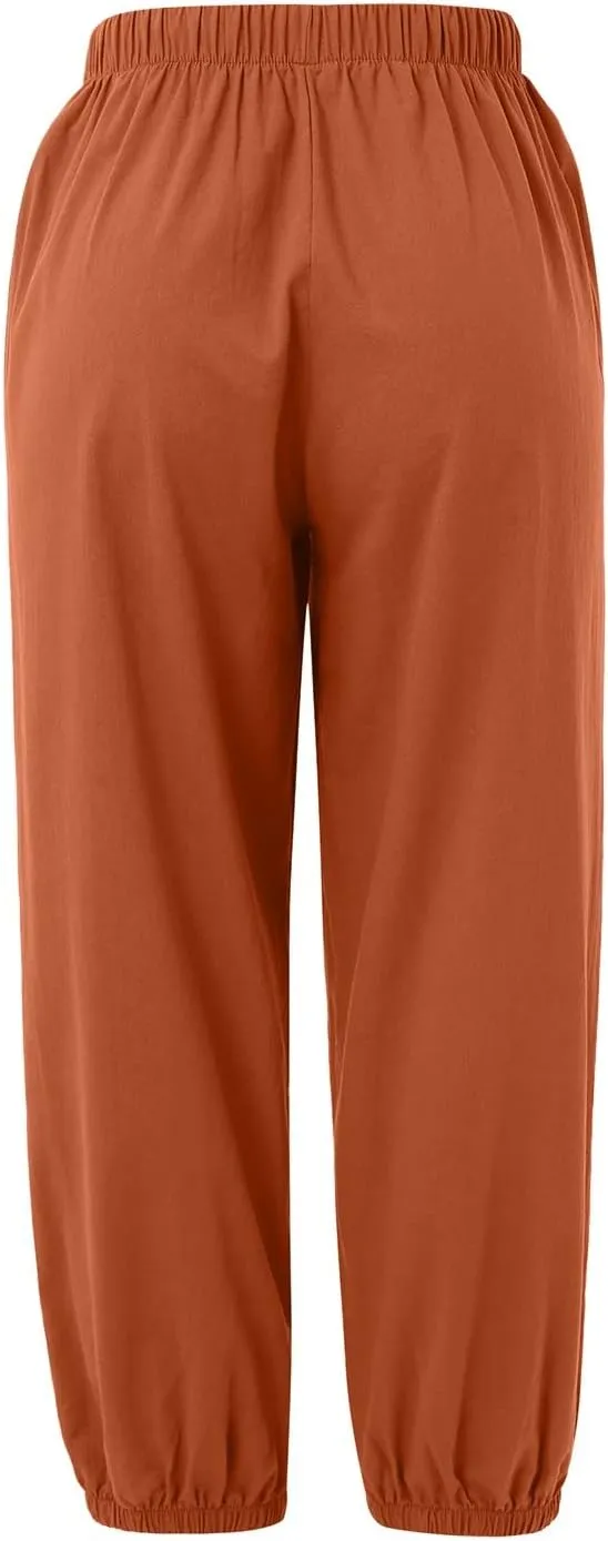 PTOLOCIF Cotton Pants for Women Lightweight Cropped Wide Leg Pants Elastic Waist Casual Palazzo Trousers with Pockets