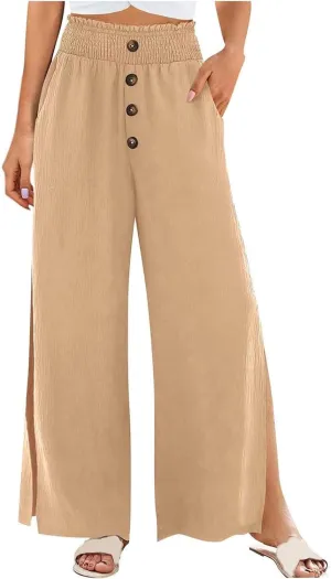 PTOLOCIF Petite Linen Pants for Women Lightweight Summer Relax Fit Pants Elastic Waist Plus Size Lounge Long Trousers